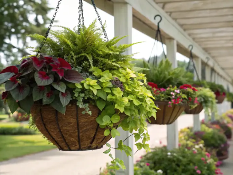 Shade plants in hanging baskets adorn a classic white veranda, featuring lush ferns and deep red broad-leafed varieties suspended from rustic wooden containers between elegant columns. The evenly-spaced baskets create a peaceful garden atmosphere along the covered porch.