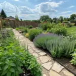 A thoughtfully designed herbal plants garden design featuring a winding stone pathway through beds of medicinal and culinary herbs. The garden showcases varying heights of plants, from low-growing thyme and sage to tall purple echinacea and lavender. A rustic wooden fence frames the space, while natural sunlight illuminates the lush greenery and colorful blooms against a blue, cloud-dotted sky.