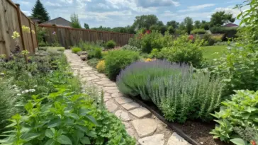 A thoughtfully designed herbal plants garden design featuring a winding stone pathway through beds of medicinal and culinary herbs. The garden showcases varying heights of plants, from low-growing thyme and sage to tall purple echinacea and lavender. A rustic wooden fence frames the space, while natural sunlight illuminates the lush greenery and colorful blooms against a blue, cloud-dotted sky.