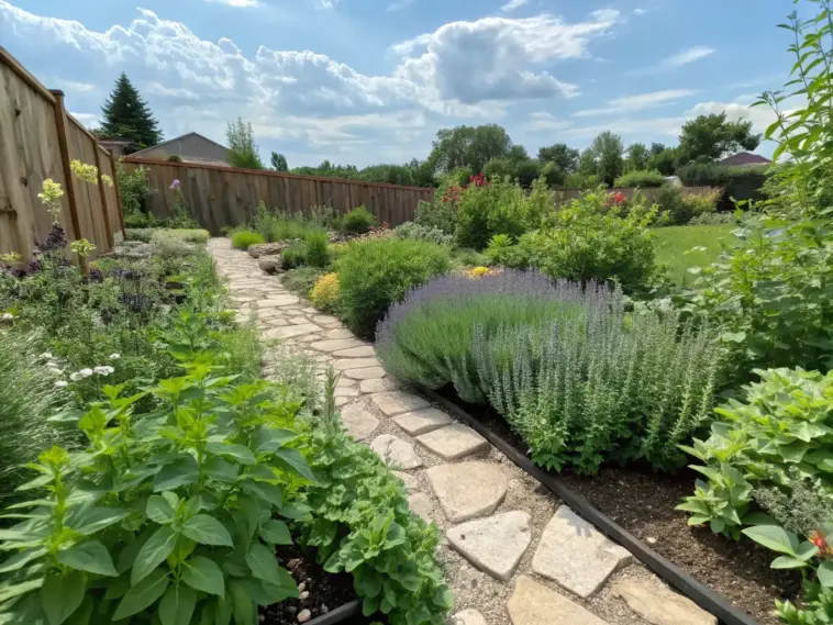 A thoughtfully designed herbal plants garden design featuring a winding stone pathway through beds of medicinal and culinary herbs. The garden showcases varying heights of plants, from low-growing thyme and sage to tall purple echinacea and lavender. A rustic wooden fence frames the space, while natural sunlight illuminates the lush greenery and colorful blooms against a blue, cloud-dotted sky.