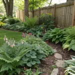 A thriving residential garden showcases Kansas native shade plants, including delicate ferns and broad-leaved perennials, blooming with pink, white, and yellow flowers along a wooden fence. The natural landscape design demonstrates how local species create a lush, diverse garden adapted to shaded areas.