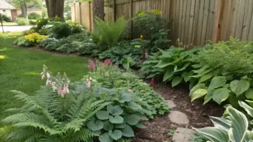 A thriving residential garden showcases Kansas native shade plants, including delicate ferns and broad-leaved perennials, blooming with pink, white, and yellow flowers along a wooden fence. The natural landscape design demonstrates how local species create a lush, diverse garden adapted to shaded areas.