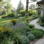 A shaded garden sanctuary featuring plants that repel mosquitos, including broad-leaved varieties and flowering shrubs arranged along a winding stone pathway. The space is protected by a wooden fence and a pergola, creating an ideal environment for shade-loving, pest-deterrent plants in the soft late afternoon light.