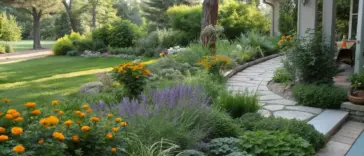 A shaded garden sanctuary featuring plants that repel mosquitos, including broad-leaved varieties and flowering shrubs arranged along a winding stone pathway. The space is protected by a wooden fence and a pergola, creating an ideal environment for shade-loving, pest-deterrent plants in the soft late afternoon light.