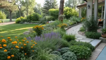A shaded garden sanctuary featuring plants that repel mosquitos, including broad-leaved varieties and flowering shrubs arranged along a winding stone pathway. The space is protected by a wooden fence and a pergola, creating an ideal environment for shade-loving, pest-deterrent plants in the soft late afternoon light.