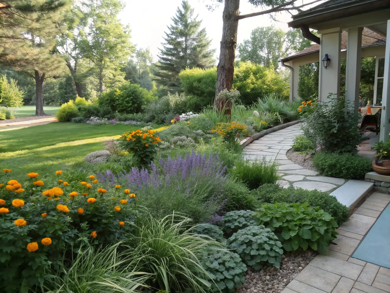A shaded garden sanctuary featuring plants that repel mosquitos, including broad-leaved varieties and flowering shrubs arranged along a winding stone pathway. The space is protected by a wooden fence and a pergola, creating an ideal environment for shade-loving, pest-deterrent plants in the soft late afternoon light.