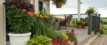 Container plants for front porch create a welcoming display, featuring a mix of potted flowers and greenery in varying sizes. Pink, yellow, and red blooms complement lush foliage arranged along a wooden deck with railing. The well-curated collection of container plants frames a scenic view of open fields under cloudy skies, adding natural charm to the covered porch setting.