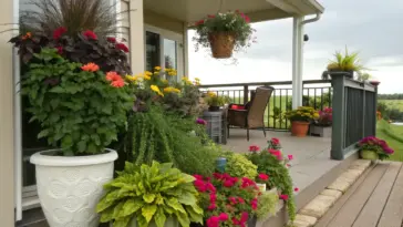 Container plants for front porch create a welcoming display, featuring a mix of potted flowers and greenery in varying sizes. Pink, yellow, and red blooms complement lush foliage arranged along a wooden deck with railing. The well-curated collection of container plants frames a scenic view of open fields under cloudy skies, adding natural charm to the covered porch setting.