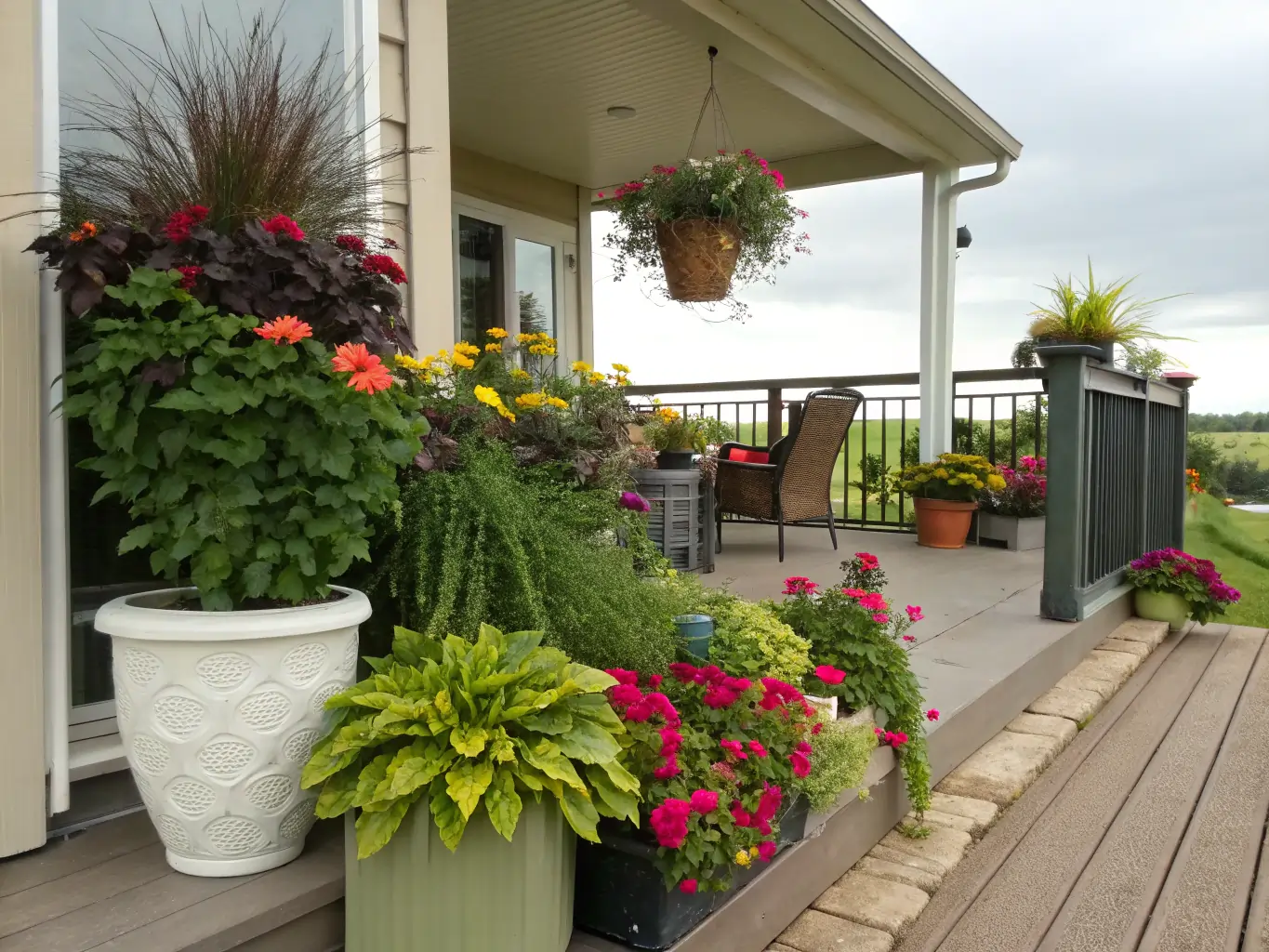 Container plants for front porch create a welcoming display, featuring a mix of potted flowers and greenery in varying sizes. Pink, yellow, and red blooms complement lush foliage arranged along a wooden deck with railing. The well-curated collection of container plants frames a scenic view of open fields under cloudy skies, adding natural charm to the covered porch setting.