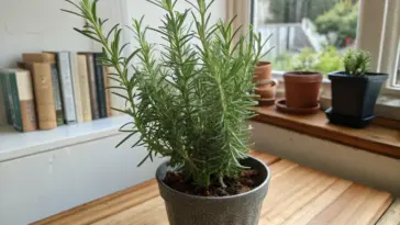 A minimalist herbal plants garden idea featuring a potted herb with tall, slender leaves displayed on a rustic wooden table near a sunlit window. The grey ceramic planter complements the natural setting, with gardening books and an outdoor garden view creating an inspiring backdrop for indoor herb cultivation.