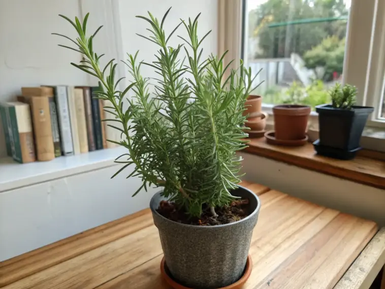 A minimalist herbal plants garden idea featuring a potted herb with tall, slender leaves displayed on a rustic wooden table near a sunlit window. The grey ceramic planter complements the natural setting, with gardening books and an outdoor garden view creating an inspiring backdrop for indoor herb cultivation.