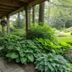 A peaceful garden view featuring shade plants evergreen varieties, including broad-leafed specimens thriving beneath a rustic wooden porch. The lush greenery creates layers of texture in this sheltered outdoor space, with the porch framing the natural scene and adding architectural interest.