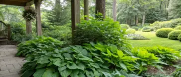A peaceful garden view featuring shade plants evergreen varieties, including broad-leafed specimens thriving beneath a rustic wooden porch. The lush greenery creates layers of texture in this sheltered outdoor space, with the porch framing the natural scene and adding architectural interest.