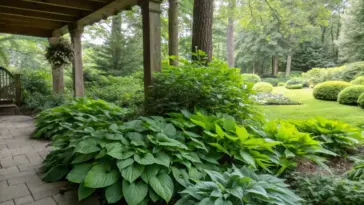 A peaceful garden view featuring shade plants evergreen varieties, including broad-leafed specimens thriving beneath a rustic wooden porch. The lush greenery creates layers of texture in this sheltered outdoor space, with the porch framing the natural scene and adding architectural interest.