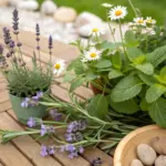 A sunlit wooden deck displaying a collection of medicinal herbal plants in terracotta pots, including healing lavender, chamomile daisies, and various leafy herbs used in traditional medicine. The rustic planks of the deck create a warm backdrop for these therapeutic plants, while natural light highlights their textures and colors. The garden setting in the background complements this home herbal medicine sanctuary.