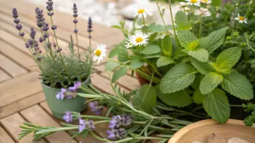 A sunlit wooden deck displaying a collection of medicinal herbal plants in terracotta pots, including healing lavender, chamomile daisies, and various leafy herbs used in traditional medicine. The rustic planks of the deck create a warm backdrop for these therapeutic plants, while natural light highlights their textures and colors. The garden setting in the background complements this home herbal medicine sanctuary.