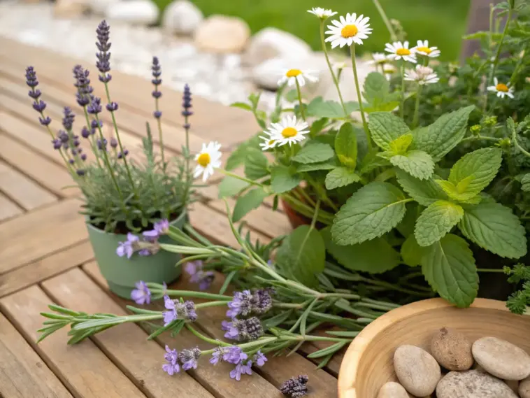 A sunlit wooden deck displaying a collection of medicinal herbal plants in terracotta pots, including healing lavender, chamomile daisies, and various leafy herbs used in traditional medicine. The rustic planks of the deck create a warm backdrop for these therapeutic plants, while natural light highlights their textures and colors. The garden setting in the background complements this home herbal medicine sanctuary.
