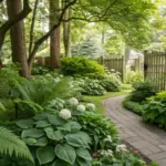 A shaded Michigan garden featuring shade-loving plants along a winding stone pathway. Native ferns, broad-leaved hostas, and white-flowering hydrangeas thrive beneath the dappled sunlight. The natural stone walkway meanders through the lush greenery, leading to a weathered wooden fence. This peaceful garden demonstrates ideal plant choices for shaded Michigan landscapes, with layers of texture and varying heights creating visual interest.