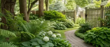 A shaded Michigan garden featuring shade-loving plants along a winding stone pathway. Native ferns, broad-leaved hostas, and white-flowering hydrangeas thrive beneath the dappled sunlight. The natural stone walkway meanders through the lush greenery, leading to a weathered wooden fence. This peaceful garden demonstrates ideal plant choices for shaded Michigan landscapes, with layers of texture and varying heights creating visual interest.