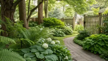 A shaded Michigan garden featuring shade-loving plants along a winding stone pathway. Native ferns, broad-leaved hostas, and white-flowering hydrangeas thrive beneath the dappled sunlight. The natural stone walkway meanders through the lush greenery, leading to a weathered wooden fence. This peaceful garden demonstrates ideal plant choices for shaded Michigan landscapes, with layers of texture and varying heights creating visual interest.