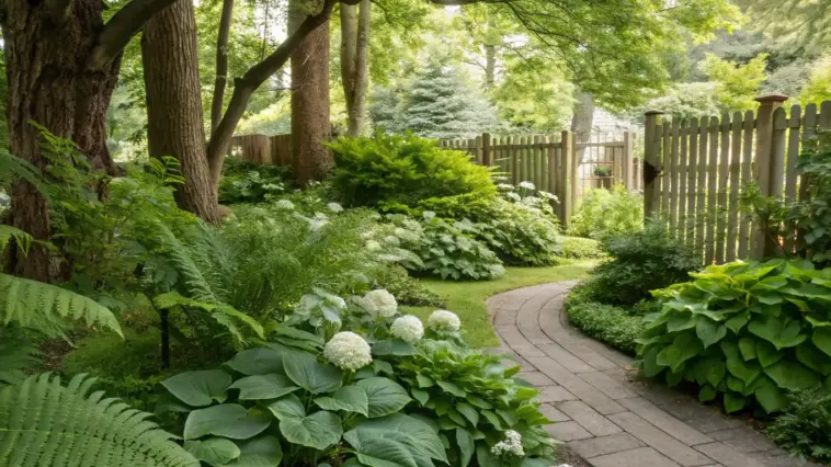 A shaded Michigan garden featuring shade-loving plants along a winding stone pathway. Native ferns, broad-leaved hostas, and white-flowering hydrangeas thrive beneath the dappled sunlight. The natural stone walkway meanders through the lush greenery, leading to a weathered wooden fence. This peaceful garden demonstrates ideal plant choices for shaded Michigan landscapes, with layers of texture and varying heights creating visual interest.