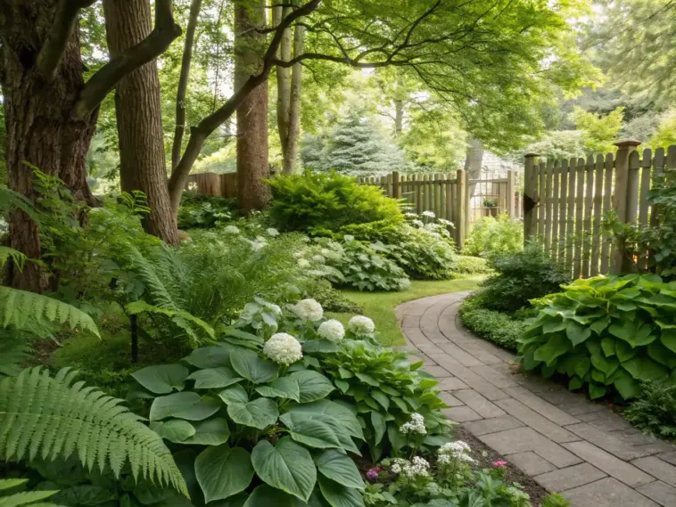 A shaded Michigan garden featuring shade-loving plants along a winding stone pathway. Native ferns, broad-leaved hostas, and white-flowering hydrangeas thrive beneath the dappled sunlight. The natural stone walkway meanders through the lush greenery, leading to a weathered wooden fence. This peaceful garden demonstrates ideal plant choices for shaded Michigan landscapes, with layers of texture and varying heights creating visual interest.
