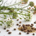 Learn to Grow Alyssum from Seed: Close-up photo showing delicate white alyssum flowers with slender green stems alongside scattered brown alyssum seeds on a white surface. The tiny seeds vary in size and are mixed with fine, powdery substance, demonstrating what to expect when starting these fragrant garden favorites from seed. Soft lighting and blurred background highlight the plant's fine details.