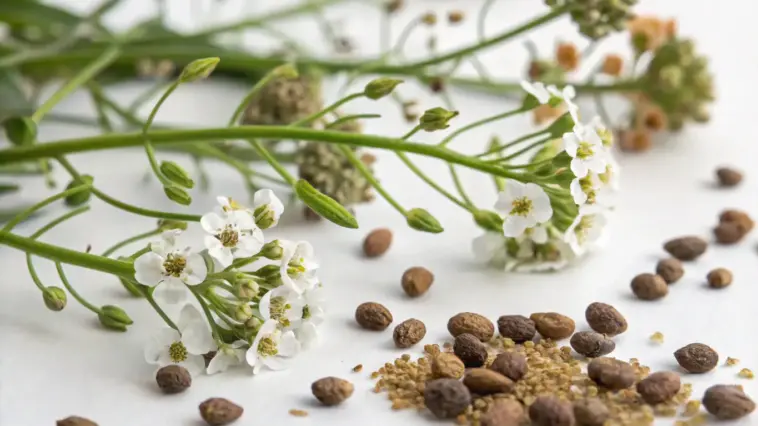 Learn to Grow Alyssum from Seed: Close-up photo showing delicate white alyssum flowers with slender green stems alongside scattered brown alyssum seeds on a white surface. The tiny seeds vary in size and are mixed with fine, powdery substance, demonstrating what to expect when starting these fragrant garden favorites from seed. Soft lighting and blurred background highlight the plant's fine details.