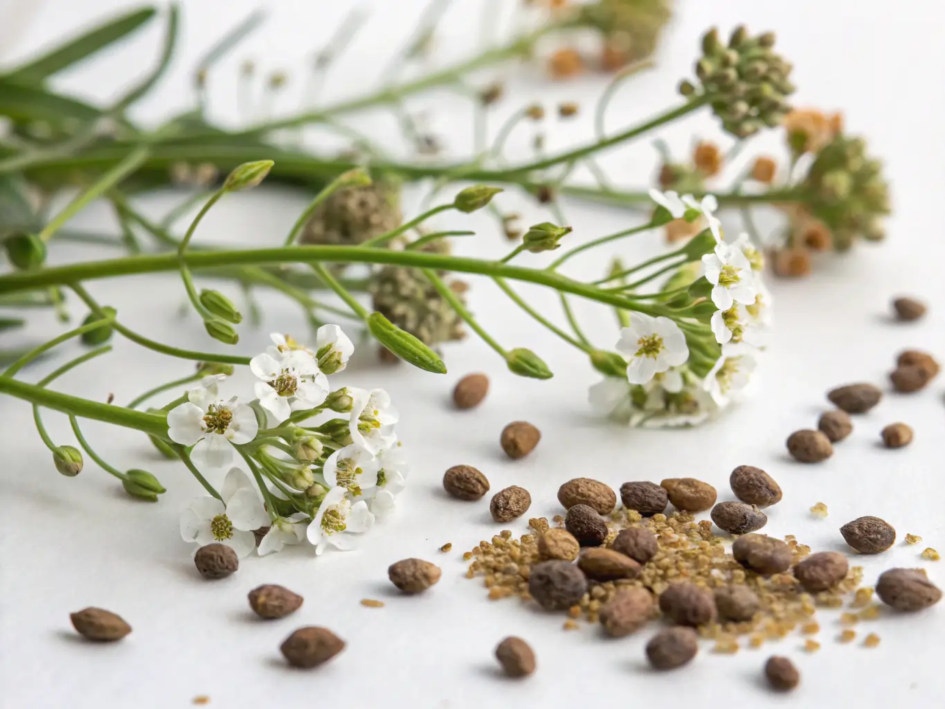 Learn to Grow Alyssum from Seed: Close-up photo showing delicate white alyssum flowers with slender green stems alongside scattered brown alyssum seeds on a white surface. The tiny seeds vary in size and are mixed with fine, powdery substance, demonstrating what to expect when starting these fragrant garden favorites from seed. Soft lighting and blurred background highlight the plant's fine details.