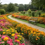 A serene zinnia and marigold garden showcases a winding brick pathway flanked by densely packed flowerbeds. Vibrant orange, pink, and red zinnias dominate the landscape, creating a colorful tapestry alongside scattered marigolds. A wooden bench invites visitors to rest along the path, while mature trees and shrubs frame this well-maintained garden. The neat borders and manicured grass complement the natural abundance of blooms under a softly overcast sky.