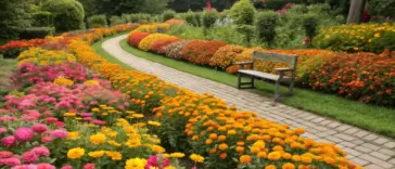 A serene zinnia and marigold garden showcases a winding brick pathway flanked by densely packed flowerbeds. Vibrant orange, pink, and red zinnias dominate the landscape, creating a colorful tapestry alongside scattered marigolds. A wooden bench invites visitors to rest along the path, while mature trees and shrubs frame this well-maintained garden. The neat borders and manicured grass complement the natural abundance of blooms under a softly overcast sky.