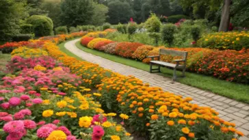 A serene zinnia and marigold garden showcases a winding brick pathway flanked by densely packed flowerbeds. Vibrant orange, pink, and red zinnias dominate the landscape, creating a colorful tapestry alongside scattered marigolds. A wooden bench invites visitors to rest along the path, while mature trees and shrubs frame this well-maintained garden. The neat borders and manicured grass complement the natural abundance of blooms under a softly overcast sky.