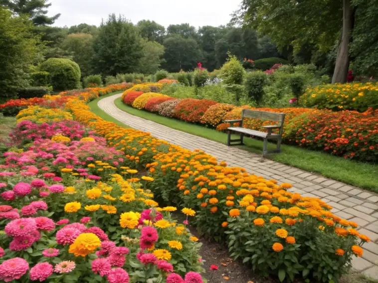 A serene zinnia and marigold garden showcases a winding brick pathway flanked by densely packed flowerbeds. Vibrant orange, pink, and red zinnias dominate the landscape, creating a colorful tapestry alongside scattered marigolds. A wooden bench invites visitors to rest along the path, while mature trees and shrubs frame this well-maintained garden. The neat borders and manicured grass complement the natural abundance of blooms under a softly overcast sky.