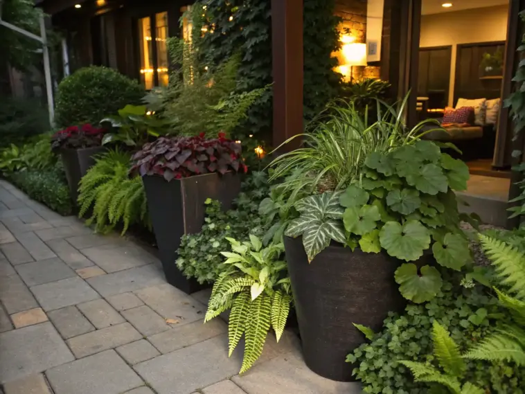 Container plants for shade thrive in this lush garden setting, featuring potted ferns and various greenery arranged along a stone-paved walkway. The garden borders a building whose warm interior lights cast a golden glow through windows, illuminating the shade-loving container garden in the evening hours.