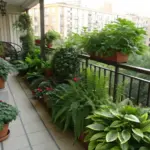 A peaceful urban balcony garden featuring shade plants arranged in varied pots along a dark metal railing. The collection includes broad-leafed plants and delicate ferns thriving in the partial shade, creating a green oasis against a backdrop of city apartment buildings. The shade plants balcony setup demonstrates smart use of different pot heights and sizes to maximize growing space while maintaining a natural, layered look.
