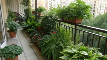 A peaceful urban balcony garden featuring shade plants arranged in varied pots along a dark metal railing. The collection includes broad-leafed plants and delicate ferns thriving in the partial shade, creating a green oasis against a backdrop of city apartment buildings. The shade plants balcony setup demonstrates smart use of different pot heights and sizes to maximize growing space while maintaining a natural, layered look.