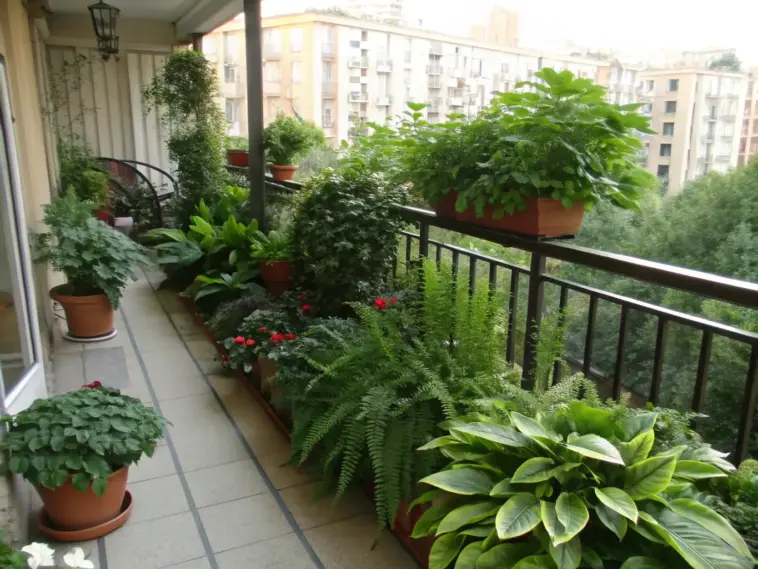 A peaceful urban balcony garden featuring shade plants arranged in varied pots along a dark metal railing. The collection includes broad-leafed plants and delicate ferns thriving in the partial shade, creating a green oasis against a backdrop of city apartment buildings. The shade plants balcony setup demonstrates smart use of different pot heights and sizes to maximize growing space while maintaining a natural, layered look.
