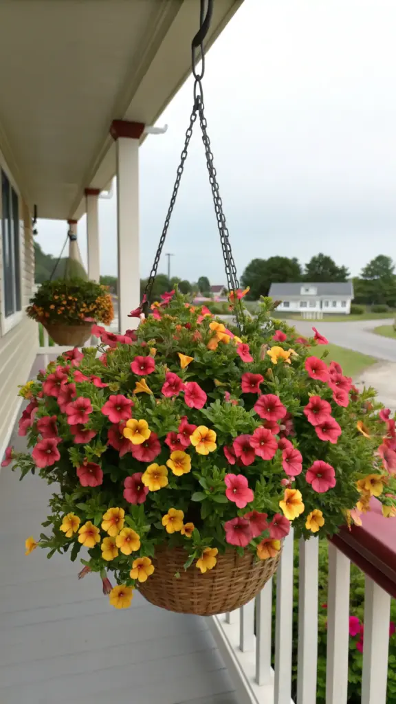 Container plants for front porch featuring a lush hanging basket overflowing with red and yellow blooms, suspended by metal chains from a traditional home's porch railing. The well-maintained flower arrangement stands out against the overcast sky, with neighboring houses visible in the background, showcasing an ideal example of decorative porch container gardening.
