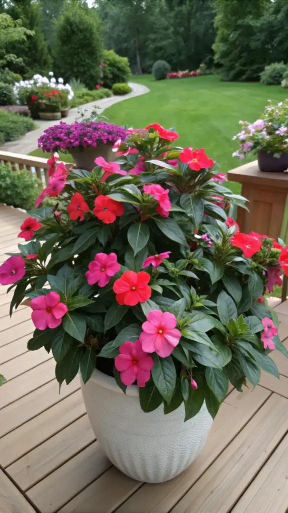 Container plants for partial sun thrive in this white ceramic pot, featuring pink blooming flowers and verdant foliage displayed on a wooden deck. The arrangement showcases successful container gardening with complementary plants suited for filtered sunlight, surrounded by a landscaped garden with a winding path and manicured lawn.