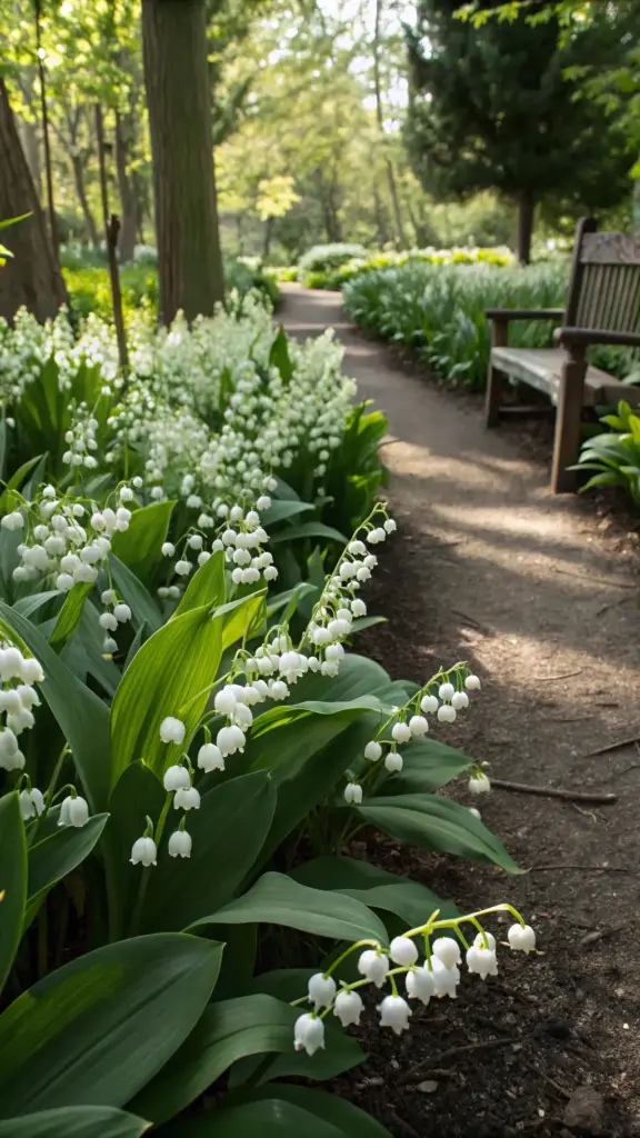 A shaded woodland garden path lined with deer-resistant white astilbe and hostas, featuring a rustic wooden bench nestled among shade plants. Dappled sunlight filters through overhead trees, illuminating the natural stone pathway that winds through this peaceful garden retreat. The thoughtful combination of deer-resistant shade plants creates a serene, low-maintenance landscape design.