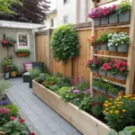 A vibrant flower garden idea in a raised bed features a cozy backyard with a light gray paved walkway winding through colorful flower beds. A large light brown wooden planter box along the patio holds pink, orange, red, yellow, and white flowers. A tall wooden planter wall against the fence showcases various plants in gray boxes. Nearby, a small patio area includes a dark outdoor chair with a colorful pillow, with a light beige shed in the background. The greenery and flowers create a charming, well-maintained garden scene.