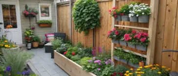 A vibrant flower garden idea in a raised bed features a cozy backyard with a light gray paved walkway winding through colorful flower beds. A large light brown wooden planter box along the patio holds pink, orange, red, yellow, and white flowers. A tall wooden planter wall against the fence showcases various plants in gray boxes. Nearby, a small patio area includes a dark outdoor chair with a colorful pillow, with a light beige shed in the background. The greenery and flowers create a charming, well-maintained garden scene.