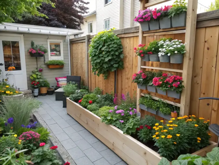 A vibrant flower garden idea in a raised bed features a cozy backyard with a light gray paved walkway winding through colorful flower beds. A large light brown wooden planter box along the patio holds pink, orange, red, yellow, and white flowers. A tall wooden planter wall against the fence showcases various plants in gray boxes. Nearby, a small patio area includes a dark outdoor chair with a colorful pillow, with a light beige shed in the background. The greenery and flowers create a charming, well-maintained garden scene.