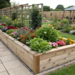 A vibrant flower garden idea in a raised bed, featuring a large rectangular light-brown wooden planter filled with colorful blooms in reds, oranges, yellows, pinks, and purples. The raised bed is constructed with horizontal planks, creating a layered look, and bordered by gravel at its base, separating it from a light beige paving stone patio. Surrounded by lush greenery, additional flowerbeds, and a lattice-style wooden fence, the scene showcases a well-maintained landscape garden with a small gazebo visible in the background.