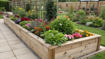 A vibrant flower garden idea in a raised bed, featuring a large rectangular light-brown wooden planter filled with colorful blooms in reds, oranges, yellows, pinks, and purples. The raised bed is constructed with horizontal planks, creating a layered look, and bordered by gravel at its base, separating it from a light beige paving stone patio. Surrounded by lush greenery, additional flowerbeds, and a lattice-style wooden fence, the scene showcases a well-maintained landscape garden with a small gazebo visible in the background.