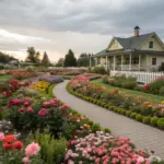 A charming flower garden idea for zone 5 featuring a vibrant landscape with a light yellow two-story house in the background. The foreground showcases a winding paved walkway lined with meticulously arranged flowerbeds filled with colorful blooms in red, pink, orange, yellow, and white. A white picket fence borders the property, enhancing the garden's appeal. Trees, shrubs, and an overcast sky add depth and a serene late afternoon ambiance to this well-maintained outdoor space.
