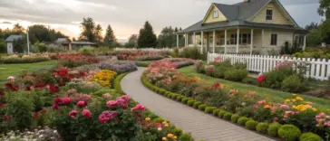 A charming flower garden idea for zone 5 featuring a vibrant landscape with a light yellow two-story house in the background. The foreground showcases a winding paved walkway lined with meticulously arranged flowerbeds filled with colorful blooms in red, pink, orange, yellow, and white. A white picket fence borders the property, enhancing the garden's appeal. Trees, shrubs, and an overcast sky add depth and a serene late afternoon ambiance to this well-maintained outdoor space.