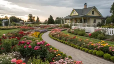 A charming flower garden idea for zone 5 featuring a vibrant landscape with a light yellow two-story house in the background. The foreground showcases a winding paved walkway lined with meticulously arranged flowerbeds filled with colorful blooms in red, pink, orange, yellow, and white. A white picket fence borders the property, enhancing the garden's appeal. Trees, shrubs, and an overcast sky add depth and a serene late afternoon ambiance to this well-maintained outdoor space.