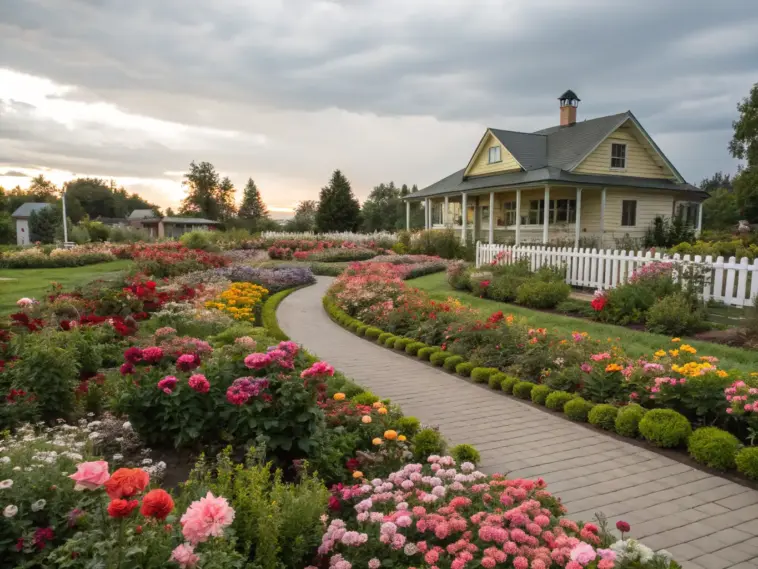 A charming flower garden idea for zone 5 featuring a vibrant landscape with a light yellow two-story house in the background. The foreground showcases a winding paved walkway lined with meticulously arranged flowerbeds filled with colorful blooms in red, pink, orange, yellow, and white. A white picket fence borders the property, enhancing the garden's appeal. Trees, shrubs, and an overcast sky add depth and a serene late afternoon ambiance to this well-maintained outdoor space.