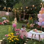 A vibrant flower garden serves as the perfect setting for a 1st birthday party idea, featuring a small girl in a light pink princess-style dress seated on the grass near a round white picnic table. The table is adorned with a pink and cream patterned tablecloth, pastel flower arrangements, and light-colored plates and utensils. Colorful flowers in shades of pink, yellow, red, and purple surround the area, complemented by pastel balloons in lavender, pale yellow, light orange, and pink. String lights drape from a wooden fence to the flower beds, adding a warm glow. Decorative stones, wooden posts, and lush greenery complete the enchanting garden scene.